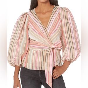 Parker Women's Zenda Long Sleeve Cotton Wrap Blouse Top Pink Stripe Belt XXS